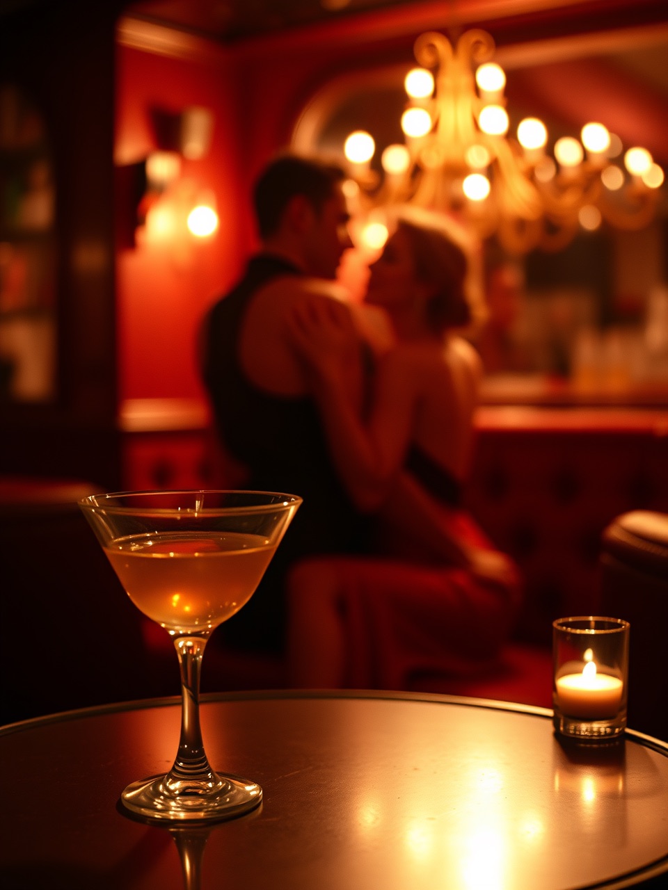A couple sharing an intimate, candle-lit moment at a warm cocktail lounge