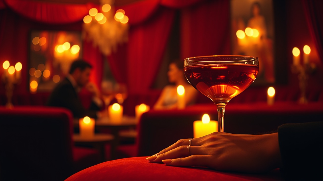 A relaxed, well-dressed couple talking and laughing over drinks in a warm, dimly lit lounge