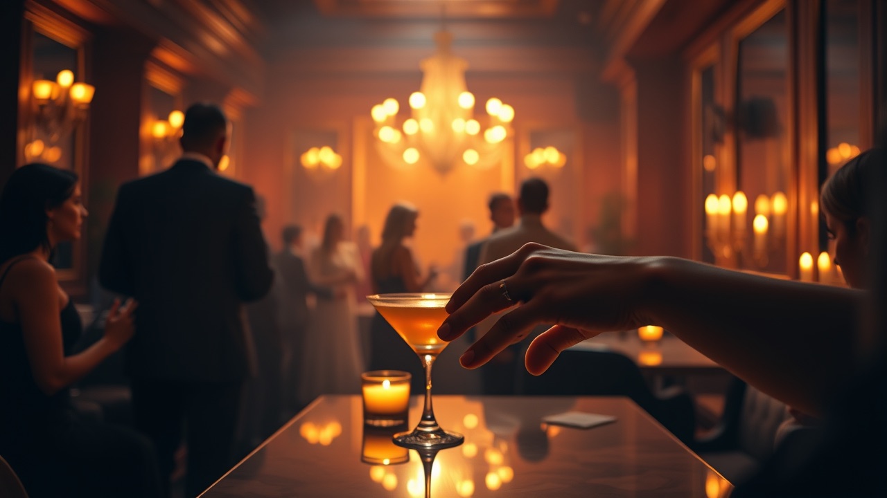 A couple arriving at a stylish venue at night